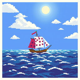A pixel art style ship sailing on a vast, pixelated ocean under a bright blue sky