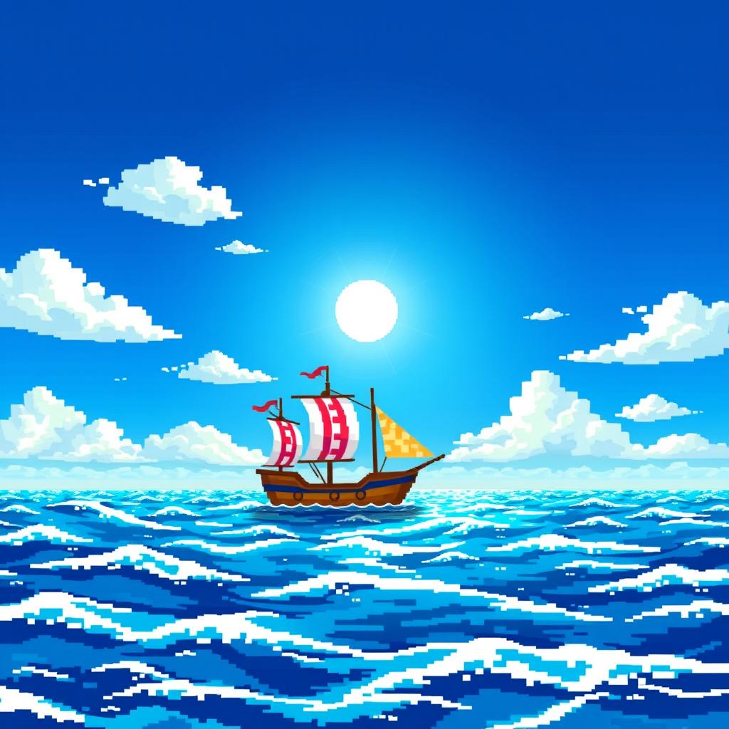 A pixel art style ship sailing on a vast, pixelated ocean under a bright blue sky