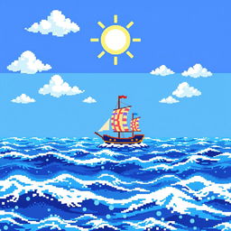 A pixel art style ship sailing on a vast, pixelated ocean under a bright blue sky