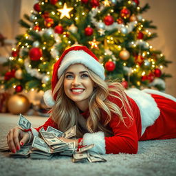 A stunning blonde woman wearing a festive Christmas outfit, playfully laying under a beautifully decorated Christmas tree