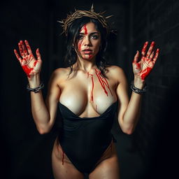 Georgina Rodriguez depicted in a powerful and dramatic scene, wearing a striking black bikini