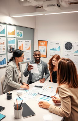 A visually engaging representation of sales psychology, showcasing a diverse group of professionals in a modern office setting