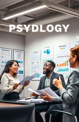 A visually engaging representation of sales psychology, showcasing a diverse group of professionals in a modern office setting