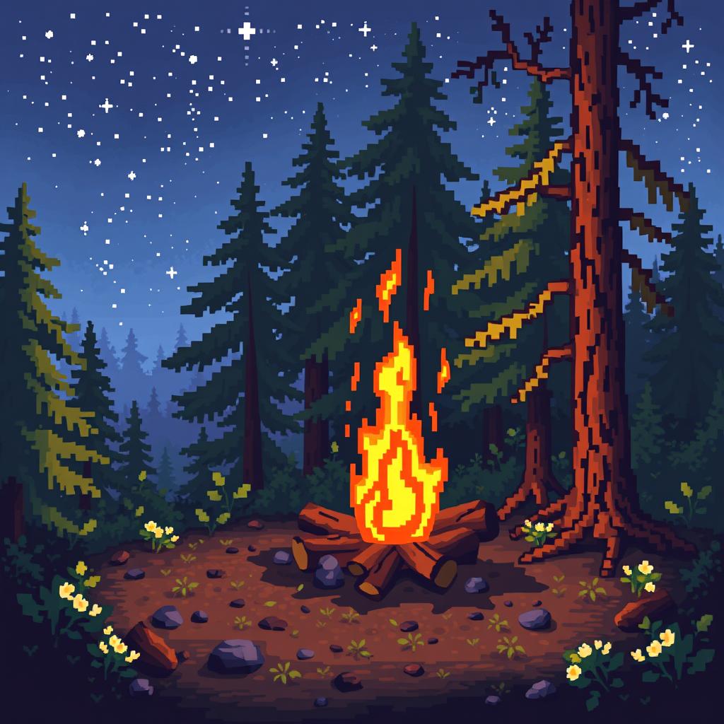 A pixel art illustration of a cozy bonfire in a forest setting