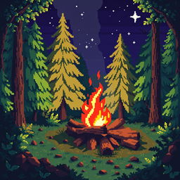 A pixel art illustration of a cozy bonfire in a forest setting