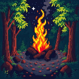 A pixel art illustration of a cozy bonfire in a forest setting