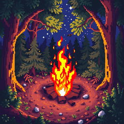 A pixel art illustration of a cozy bonfire in a forest setting