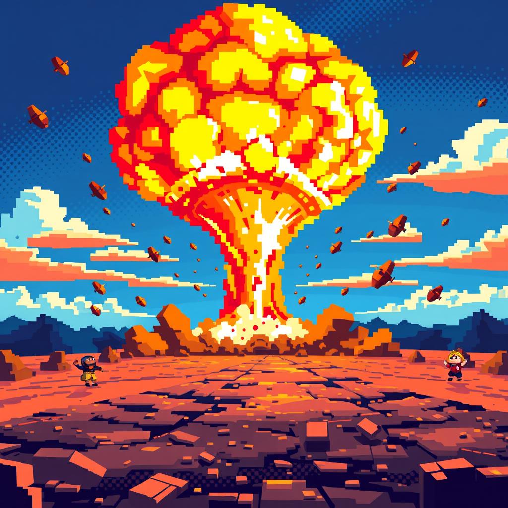 A pixel art representation of an atomic explosion, featuring vibrant colors and blocky, retro-style aesthetics