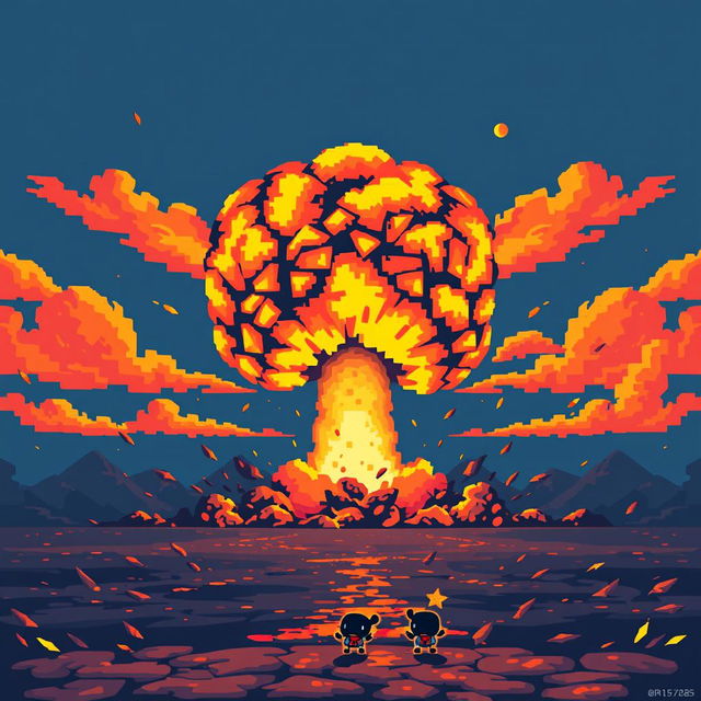 A pixel art representation of an atomic explosion, featuring vibrant colors and blocky, retro-style aesthetics