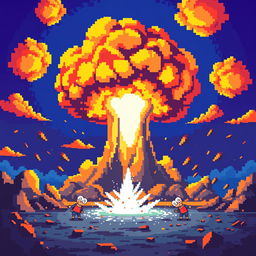A pixel art representation of an atomic explosion, featuring vibrant colors and blocky, retro-style aesthetics