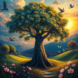 A detailed and artistic representation of a surrealistic scene, featuring a fantastical landscape with vibrant colors