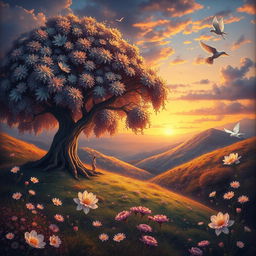 A detailed and artistic representation of a surrealistic scene, featuring a fantastical landscape with vibrant colors