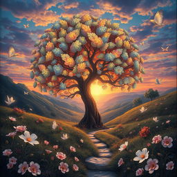 A detailed and artistic representation of a surrealistic scene, featuring a fantastical landscape with vibrant colors