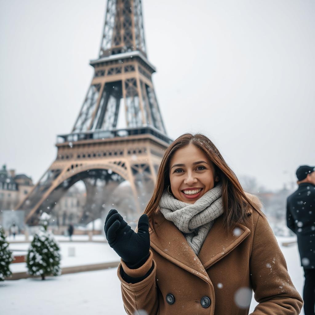 A captivating scene of a person in the foreground enjoying a snowy day in Paris, with delicate snowflakes falling around them