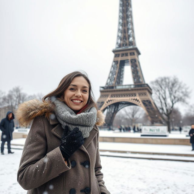 A captivating scene of a person in the foreground enjoying a snowy day in Paris, with delicate snowflakes falling around them