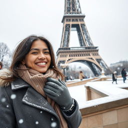 A captivating scene of a person in the foreground enjoying a snowy day in Paris, with delicate snowflakes falling around them
