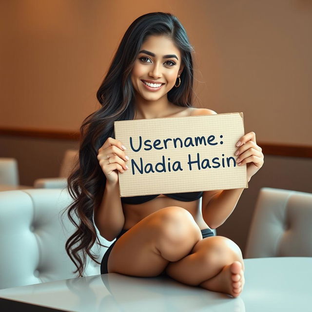 A beautiful, sexy girl with long flowing hair sitting gracefully at a table, playfully holding a cardboard sign