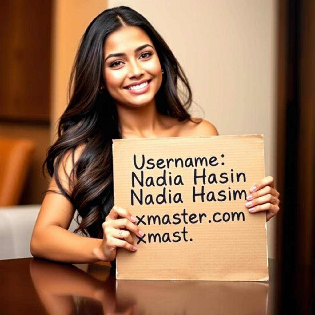 A beautiful, sexy girl with long flowing hair sitting gracefully at a table, playfully holding a cardboard sign