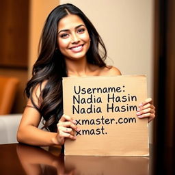 A beautiful, sexy girl with long flowing hair sitting gracefully at a table, playfully holding a cardboard sign