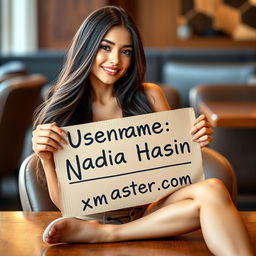 A beautiful, sexy girl with long flowing hair sitting gracefully at a table, playfully holding a cardboard sign