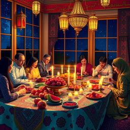 A stunning and vibrant 'Yalda Night' celebration scene, capturing a beautifully decorated evening with traditional Persian elements