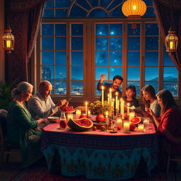 A stunning and vibrant 'Yalda Night' celebration scene, capturing a beautifully decorated evening with traditional Persian elements