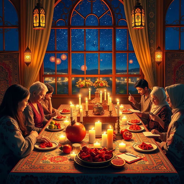 A stunning and vibrant 'Yalda Night' celebration scene, capturing a beautifully decorated evening with traditional Persian elements