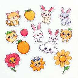 An assortment of cute cartoon stickers featuring adorable characters such as smiling animals (cats, dogs, rabbits), cheerful fruits (strawberries, oranges), playful clouds with faces, and whimsical flowers with big eyes