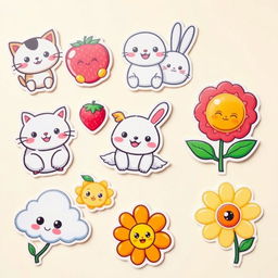 An assortment of cute cartoon stickers featuring adorable characters such as smiling animals (cats, dogs, rabbits), cheerful fruits (strawberries, oranges), playful clouds with faces, and whimsical flowers with big eyes