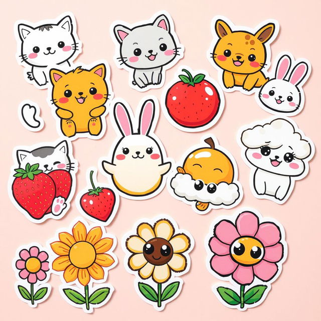 An assortment of cute cartoon stickers featuring adorable characters such as smiling animals (cats, dogs, rabbits), cheerful fruits (strawberries, oranges), playful clouds with faces, and whimsical flowers with big eyes