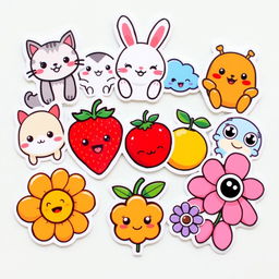 An assortment of cute cartoon stickers featuring adorable characters such as smiling animals (cats, dogs, rabbits), cheerful fruits (strawberries, oranges), playful clouds with faces, and whimsical flowers with big eyes