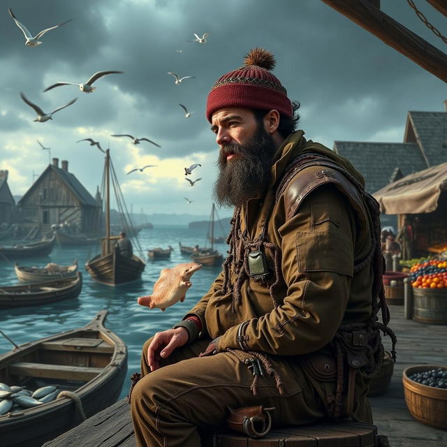 A rugged fisherman with a long gray beard, wearing a brown cloak, stands on a bustling harbor