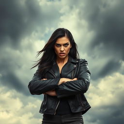 A powerful and fierce-looking woman expressing anger, standing boldly with her arms crossed and a fierce expression on her face