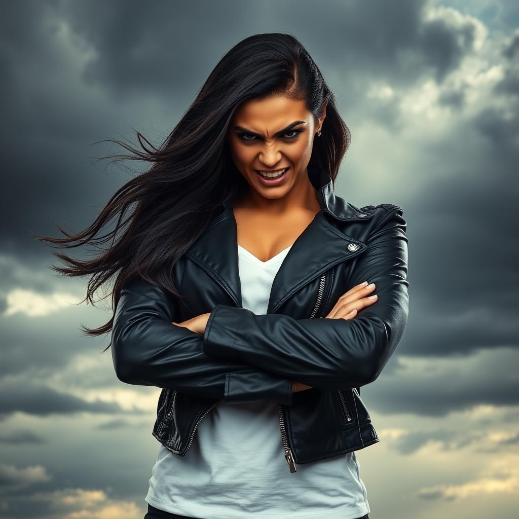 A powerful and fierce-looking woman expressing anger, standing boldly with her arms crossed and a fierce expression on her face
