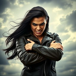 A powerful and fierce-looking woman expressing anger, standing boldly with her arms crossed and a fierce expression on her face