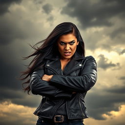 A powerful and fierce-looking woman expressing anger, standing boldly with her arms crossed and a fierce expression on her face