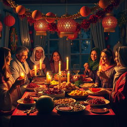 A vibrant, celebratory scene depicting Yalda Night, an ancient Iranian festival, featuring a beautiful, richly decorated table laid out with traditional foods such as pomegranates, watermelons, nuts, and sweets