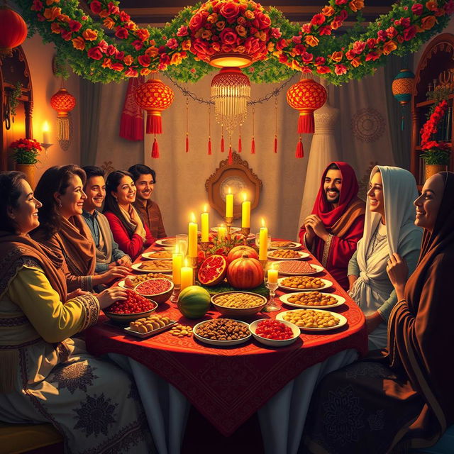 A vibrant, celebratory scene depicting Yalda Night, an ancient Iranian festival, featuring a beautiful, richly decorated table laid out with traditional foods such as pomegranates, watermelons, nuts, and sweets