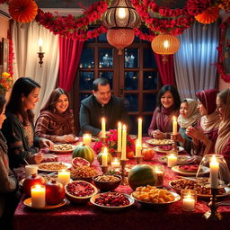 A vibrant, celebratory scene depicting Yalda Night, an ancient Iranian festival, featuring a beautiful, richly decorated table laid out with traditional foods such as pomegranates, watermelons, nuts, and sweets