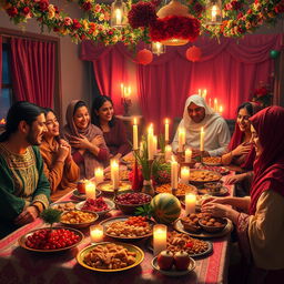 A vibrant, celebratory scene depicting Yalda Night, an ancient Iranian festival, featuring a beautiful, richly decorated table laid out with traditional foods such as pomegranates, watermelons, nuts, and sweets