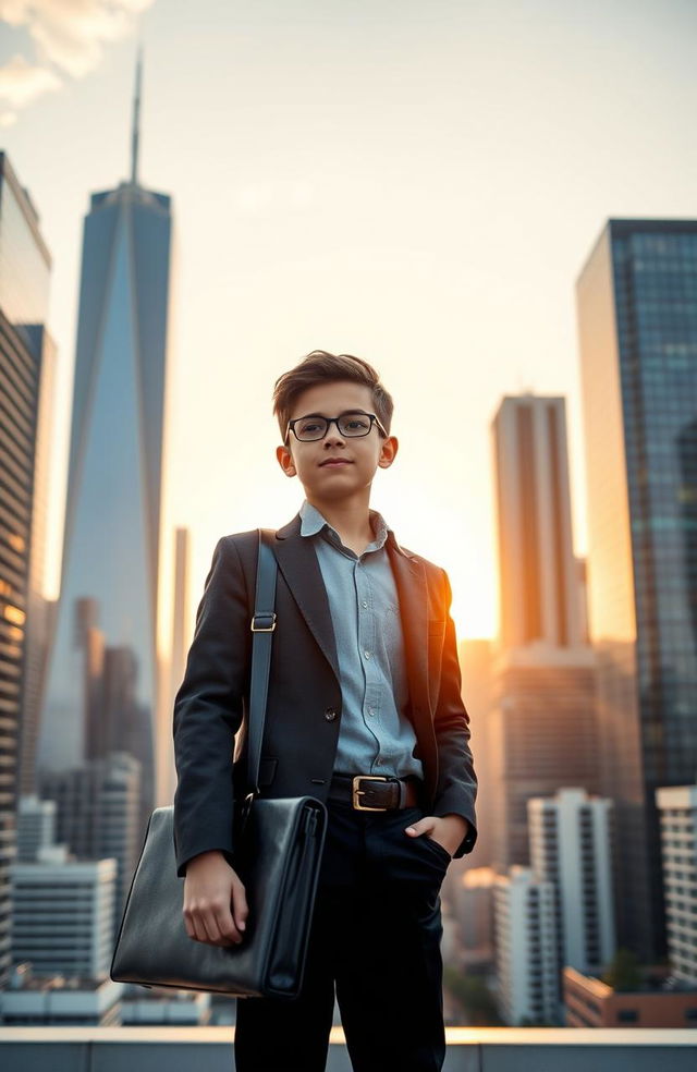 A compelling image of a determined middle-class boy standing confidently in a modern city skyline, with skyscrapers towering in the background, representing his journey from humble beginnings to becoming a billionaire