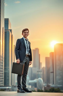 A compelling image of a determined middle-class boy standing confidently in a modern city skyline, with skyscrapers towering in the background, representing his journey from humble beginnings to becoming a billionaire