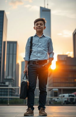 A compelling image of a determined middle-class boy standing confidently in a modern city skyline, with skyscrapers towering in the background, representing his journey from humble beginnings to becoming a billionaire