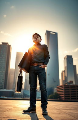 A compelling image of a determined middle-class boy standing confidently in a modern city skyline, with skyscrapers towering in the background, representing his journey from humble beginnings to becoming a billionaire