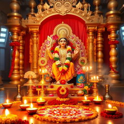 A festive scene depicting a traditional Hindu worship setting dedicated to Goddess Lakshmi