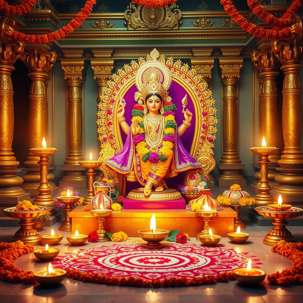 A festive scene depicting a traditional Hindu worship setting dedicated to Goddess Lakshmi