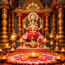 A festive scene depicting a traditional Hindu worship setting dedicated to Goddess Lakshmi