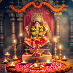 A festive scene depicting a traditional Hindu worship setting dedicated to Goddess Lakshmi
