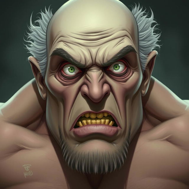 A large, intimidating figure resembling a ghoul, bald with light gray hair on the sides of his head