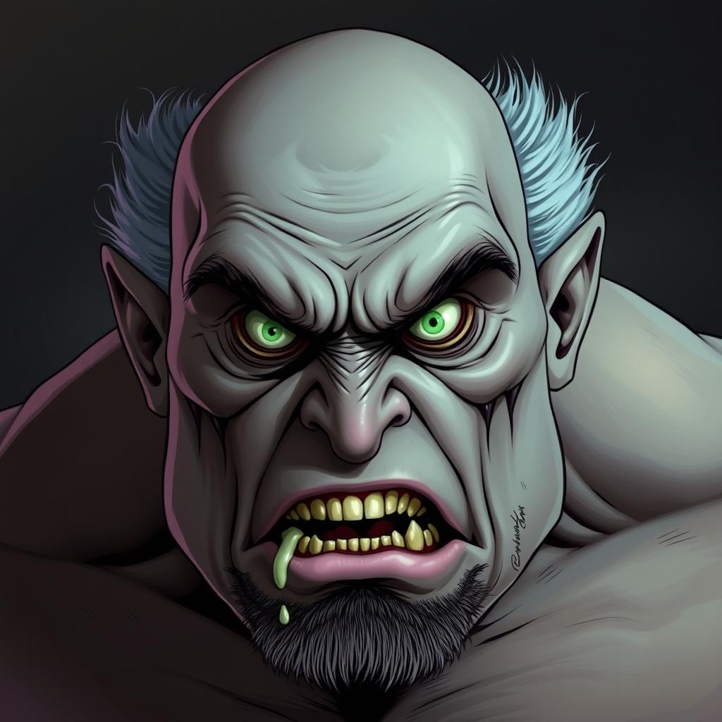 A large, intimidating figure resembling a ghoul, bald with light gray hair on the sides of his head